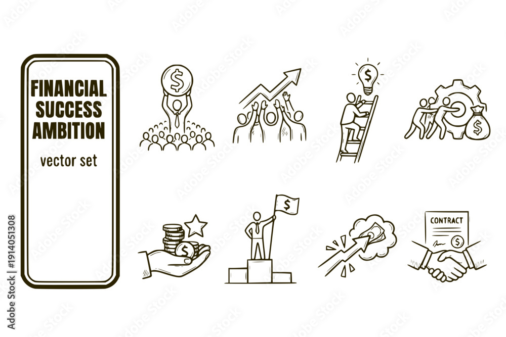 Fototapeta premium Financial Success Ambition Dollar-Sign Crowd Business-Ambition Pursuit-Wealth Money-Success Financial-Leadership Success-Crowd Vector Set - Financial Success