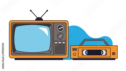 Retro illustration depicts a vintage orange television set from the eighties next to a classic video cassette player on a simple background.