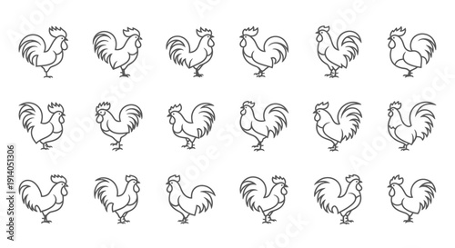 Seamless rooster pattern vector featuring repeating farm chicken silhouettes arranged in clean grid layout, ideal for textile prints, packaging design, wallpaper, fabric branding, poultry farm themes,