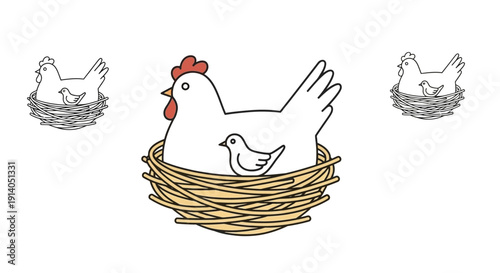Cute white hen sitting on straw nest vector illustration representing poultry farming, organic egg production, rural agriculture lifestyle, domestic bird care, farm animal concept, minimal flat cartoo