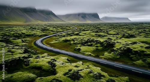 Aerial drone view of a winding asphalt road cutting through a green mossy lava field in Iceland with moody mountains in the background.
