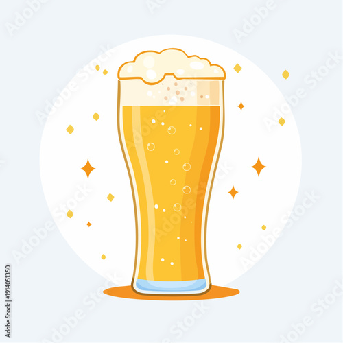 Refreshing golden beverage in a tall glass illustration with lively bubbles and frothy head, perfect for celebrating happy moments