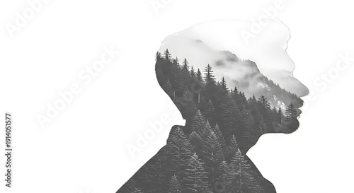Double exposure silhouette of a person's profile combined with a dense pine forest and foggy mountain peaks in black and white.
