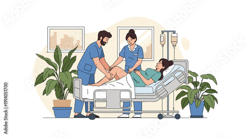 Medical team consisting of a doctor and nurse supports a pregnant woman in a hospital bed during labor in a bright delivery room.