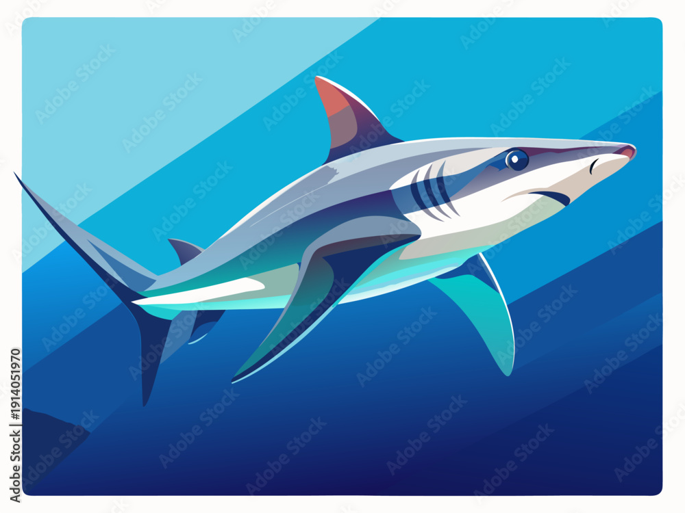 Obraz premium Dynamic ocean scene featuring majestic blue shark swimming gracefully in sunlit waters with vibrant shadows and smooth lines