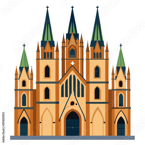 Illustration of a gothic revival cathedral with multiple spires and arched windows against white background