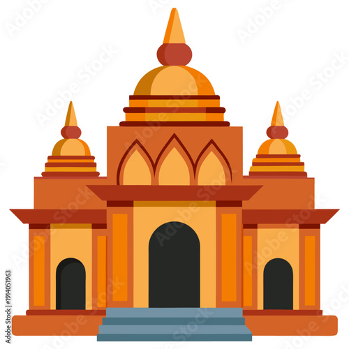Illustration of a traditional hindu temple with stupas and arched doorways featuring orange and yellow architectural elements
