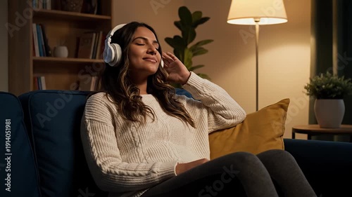 Woman with headphones listening to music while relaxing on a sofa in a cozy room