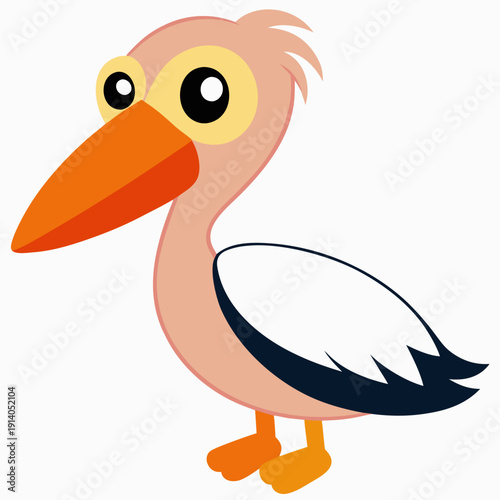 Colorful cartoon pelican with large beak and big eyes in whimsical style on white background