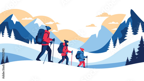 Family of three adventurers with backpacks and trekking poles hike through a breathtaking snowy mountain landscape at sunrise or sunset.