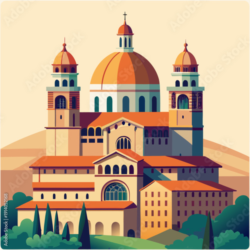 Majestic italian cathedral with domes and towers amidst rolling hills and cypress trees under a clear sky