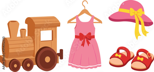 Cute Girls Outfit and Wooden Toy Train Collection with Dress Hat and Sandals Cartoon Vector Illustration