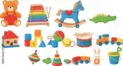 Colorful kids toys collection with teddy bear, blocks, xylophone, rocking horse, train, drum, and educational play items