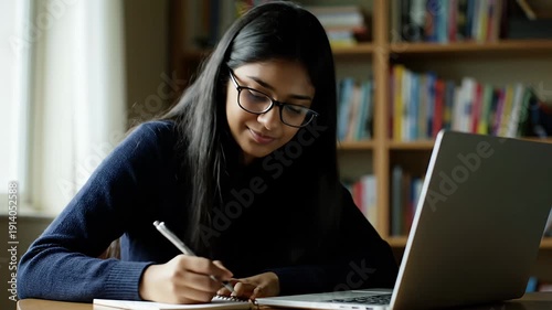 Young woman wearing glasses, focused on a laptop in a library setting, bathed in soft light