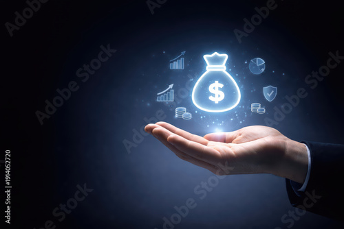 Hand holding glowing money bag icon surrounded by financial symbols, representing wealth and investment opportunities. dark background highlights futuristic and digital theme