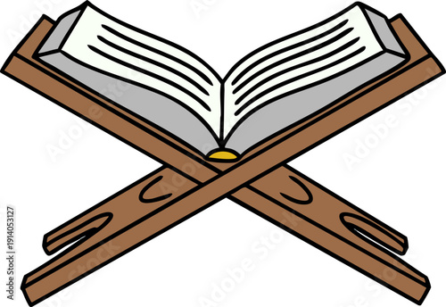 An open book with white pages and black lines, resting on a traditional wooden rehal stand, often used for religious texts like the Quran.