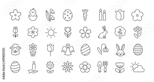 Set of Spring Easter linear icons with editable stroke