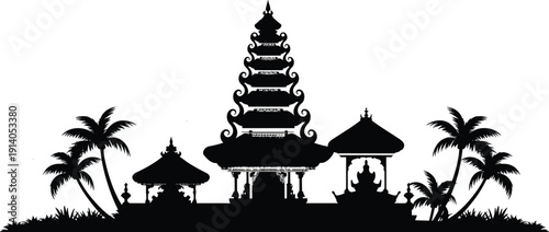 Balinese temple silhouette illustration, Hindu pagoda architecture, Bali island landscape, palm trees, spiritual culture, traditional Asian travel destination, black vector