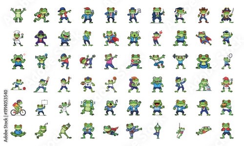 Collection of cartoon frogs in various professions and activities