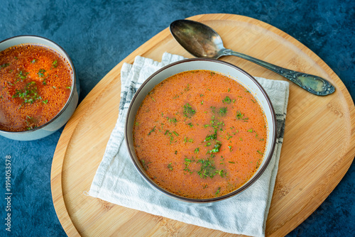Tomato soup sprinkled with dill, traditional Polish soup