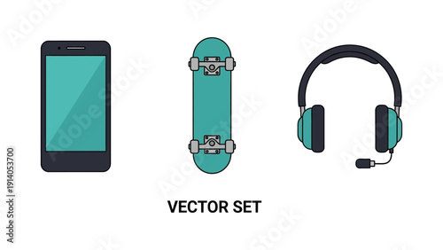 a clean vector illustration showcasing a modern smartphone a teal skateboard and gaming headphones representing technology urban lifestyle and youth culture themes for digital design projects.