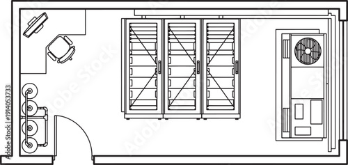 An aerial illustration, it meticulously details the layout of a modern server room, showcasing technological prowess and operational efficiency.