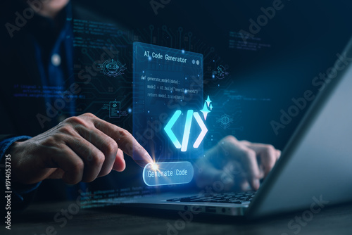Business professional using AI code generator interface on laptop, activating automated software development system. Concept of artificial intelligence and digital innovation in workspace.