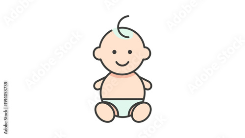 a cute smiling baby cartoon character in a diaper sitting happily on a white background a charming vector illustration for childhood themes.