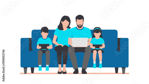 a family of four sits on a blue sofa parents using a laptop and children on tablets illustrating modern digital device usage and screen time.