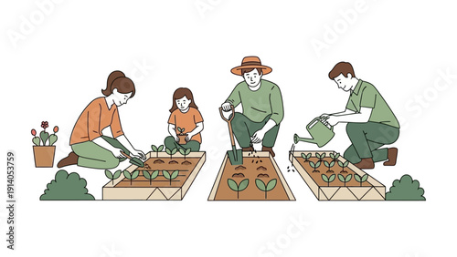 a happy family of three gardening together planting young seedlings and watering plants in raised beds illustrating sustainable living.