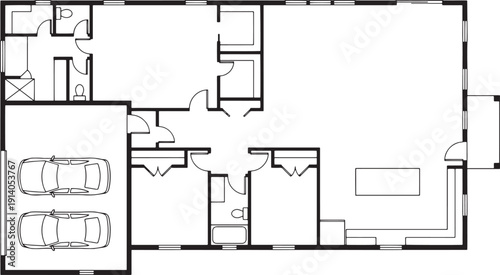 A detailed architectural blueprint reveals the interior layout of a modern home, encompassing multiple rooms, a garage, and structural design. 