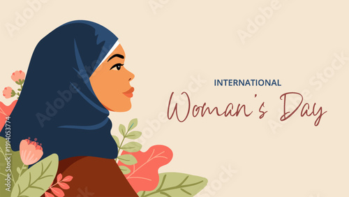 International Women's Day, March 8. Portrait of a Muslim woman on floral background. Feminism concept. Vector banner, poster, greating card