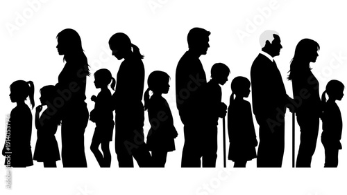 a line of multi-generational people silhouettes symbolizing lifes stages family bonds community and human connection.