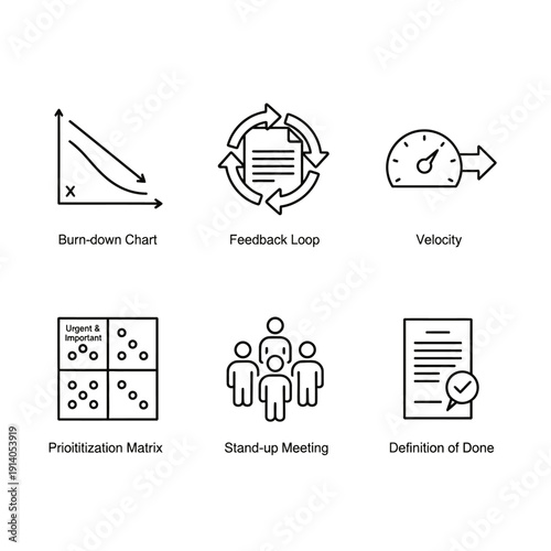 agile project management icons for project planning and team collaboration visualizing scrum and lean concepts.