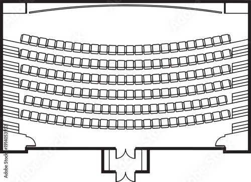 An architectural drawing details an auditorium's seating arrangement, showing rows of seats in a clean, uncluttered layout designed for maximum audience viewing experience.