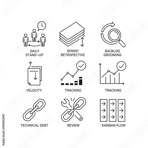 agile scrum and kanban icons showcasing core project management concepts and essential software development workflows.