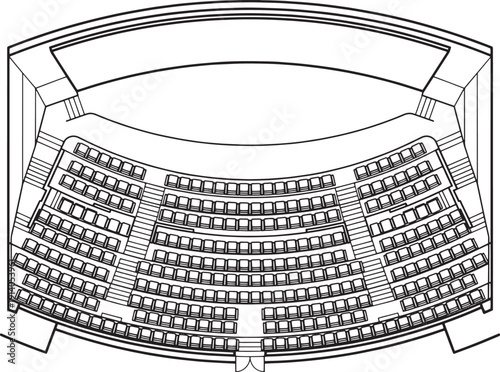 An architectural layout of a theater with an expansive seating arrangement, prepared to host an event.