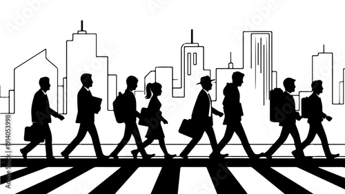 black silhouettes of pedestrians walking a zebra crosswalk in a minimalist cityscape depicting daily commute and urban life.