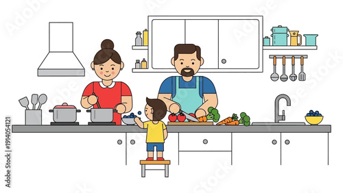 cheerful family mother father child cooking a healthy meal together in a modern kitchen illustrating domestic life and healthy eating.
