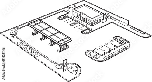 Illustration of a modern gas station, with solar panels, a building, and parking spots, showcasing a minimalist design.