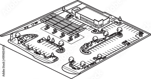 An isometric architectural drawing of a contemporary gas station, showcasing its sleek design, efficient layout, and the elements of the building.