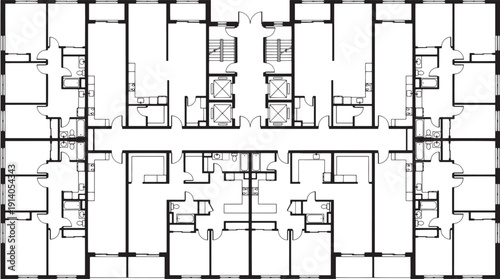 Architectural blueprint of a detailed building floor plan, showcasing rooms and layout in precise technical drawing.
