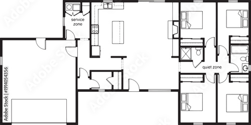 A detailed overhead schematic showcases a home's interior layout with rooms, zones, and architectural elements in perfect detail. 