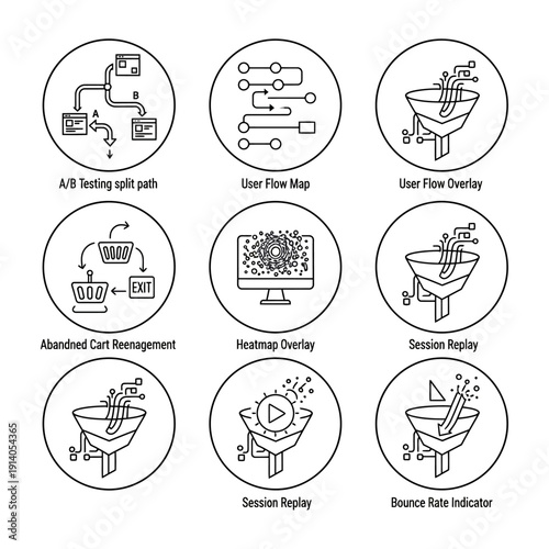 digital analytics and ux optimization outline icons for web performance insights including ab testing user flow heatmaps and session replay.
