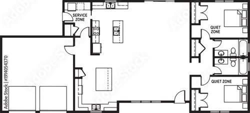 A detailed blueprint of a modern house interior, showcasing a meticulous design of the living space with careful arrangement of functional zones, is displayed in a flat lay format.