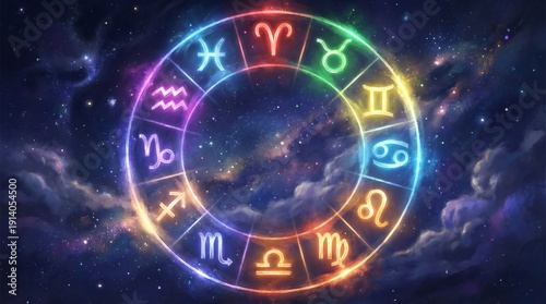 Twelve Zodiac Signs Illustration In A Circle Wheel