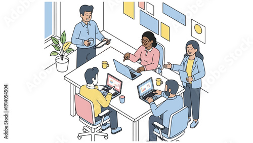 diverse business team actively collaborating and working on laptops discussing ideas in a modern office meeting room illustrating corporate teamwork productivity and strategic development.