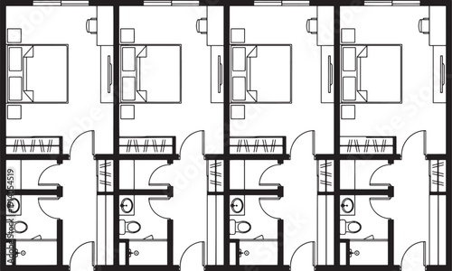 Floor plan with symmetrical arrangement, illustrating a blueprint of a modern accommodation layout with multiple connected units.