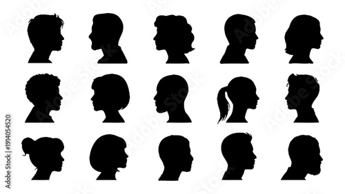 diverse collection of profile head silhouettes representing various men and women minimalist black icons on white perfect for user avatars and identity concepts.