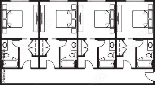 A detailed architectural floor plan of a modern living space featuring multiple bedrooms and bathrooms, offering a glimpse into the layout and design of a contemporary dwelling.